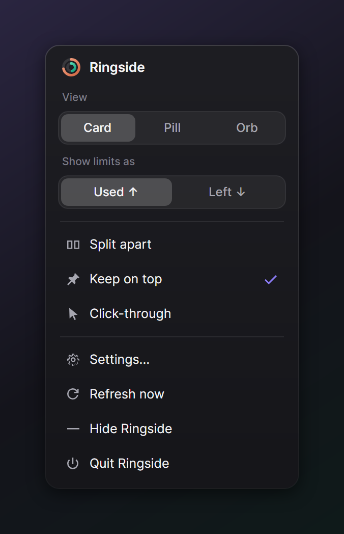 The quick panel with view and used or left choices, split apart, keep on top, click-through, settings, refresh, hide and quit