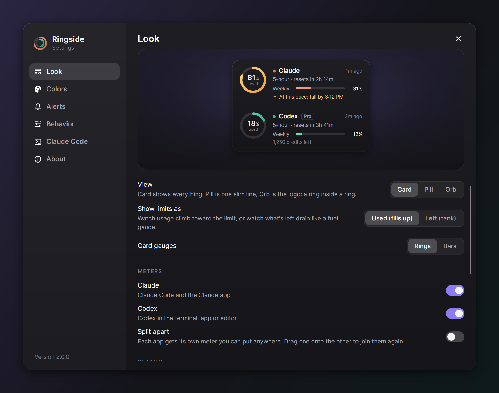 The Settings window with a live preview of the meter