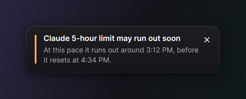 A notification: Claude 5-hour limit may run out soon