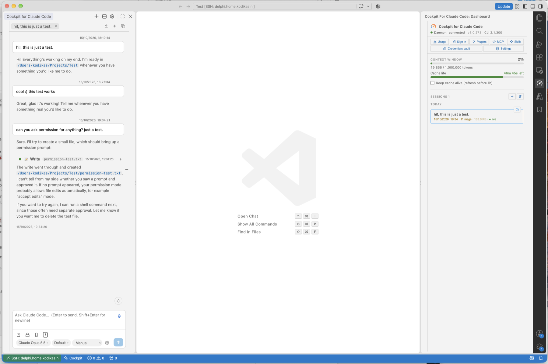 Cockpit in VS Code: the chat on the left and the dashboard on the right