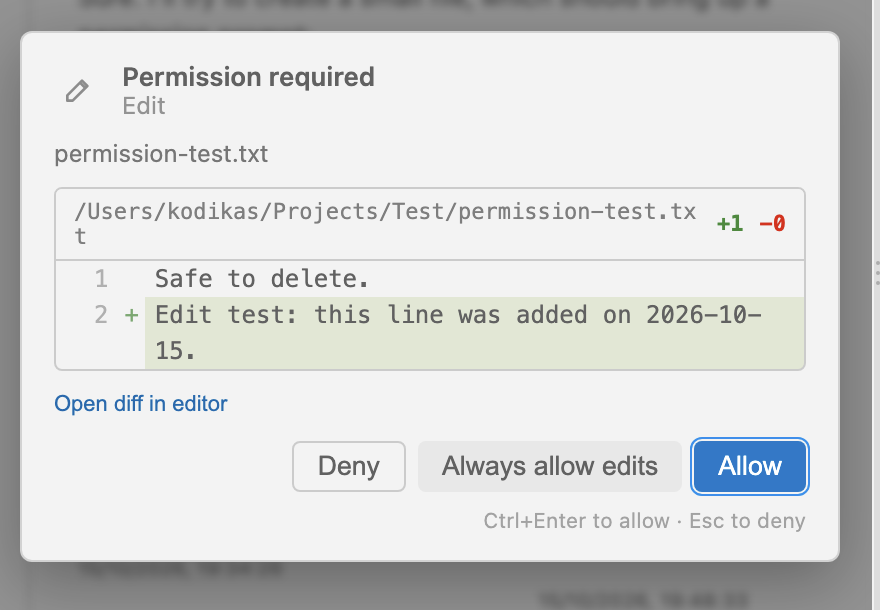 A permission prompt for an edit