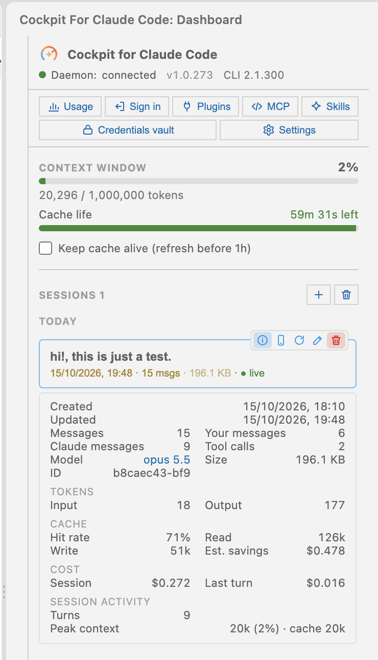 Session details: tokens, cache, cost and activity