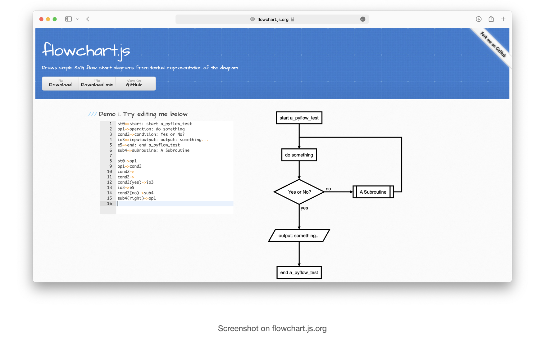 screenshot on flowchart.js page