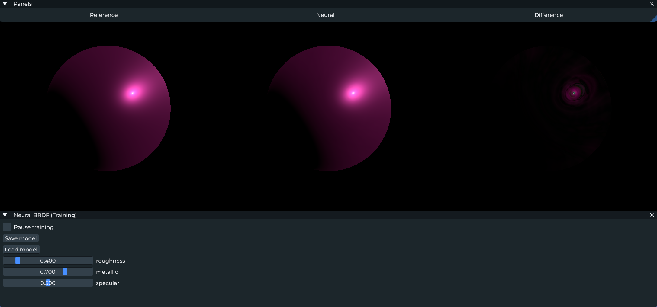 Training Mode Interface showing Reference, Neural and Difference