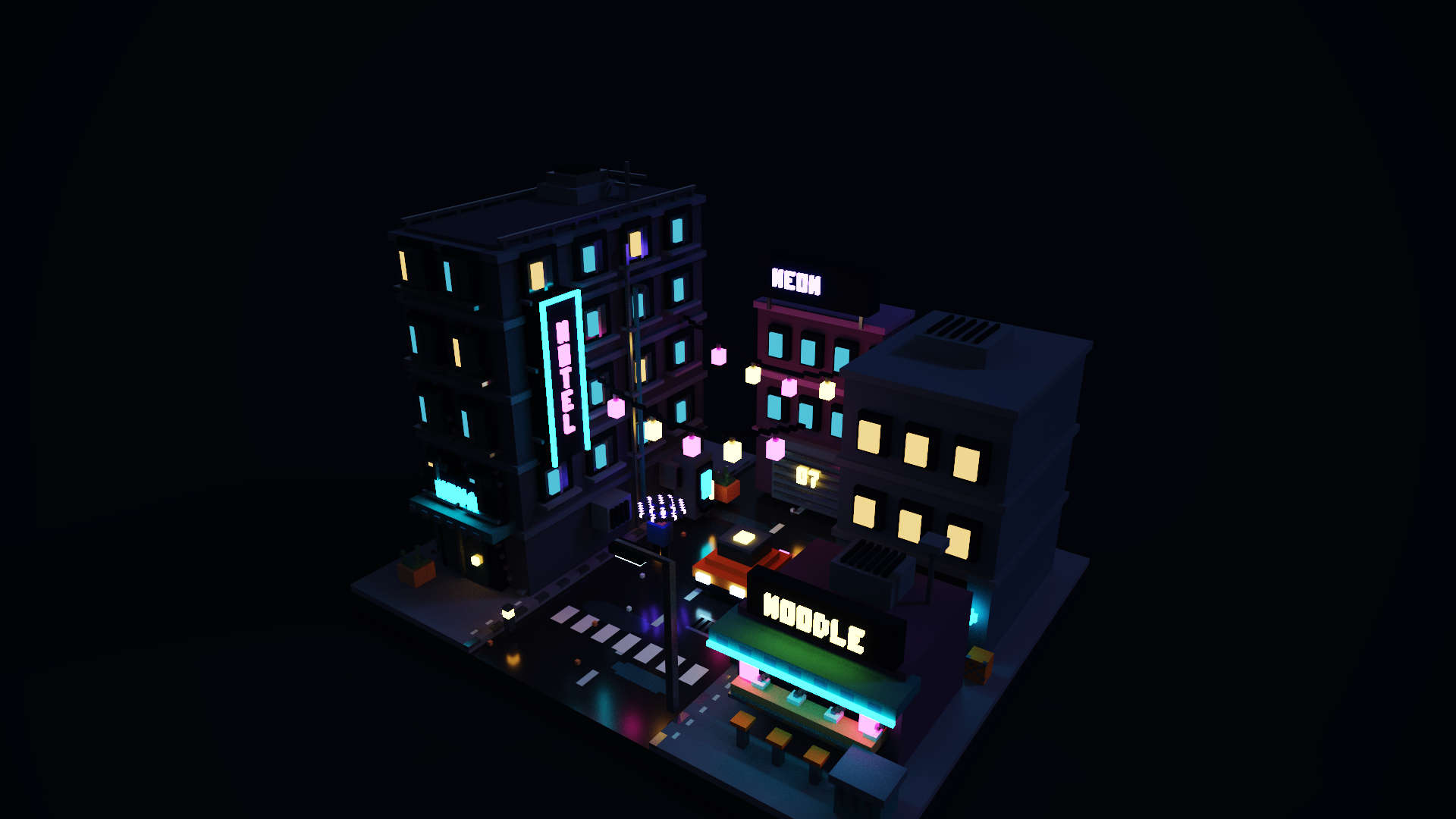 Neon Alley, a cyberpunk street built entirely through this server and rendered by MagicaVoxel