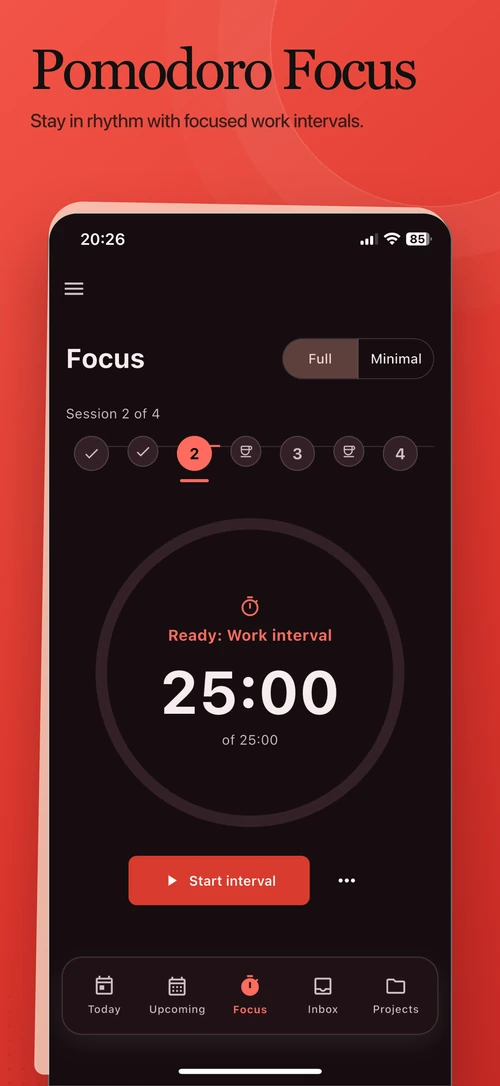 Pomodoro focus session on mobile