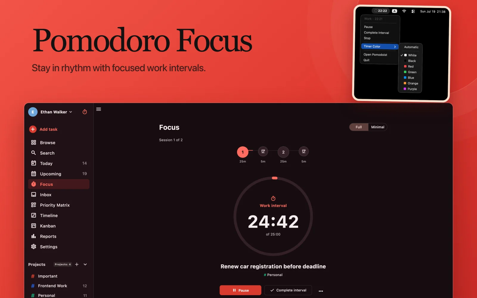Pomodoro focus session in the Pomodoist macOS app