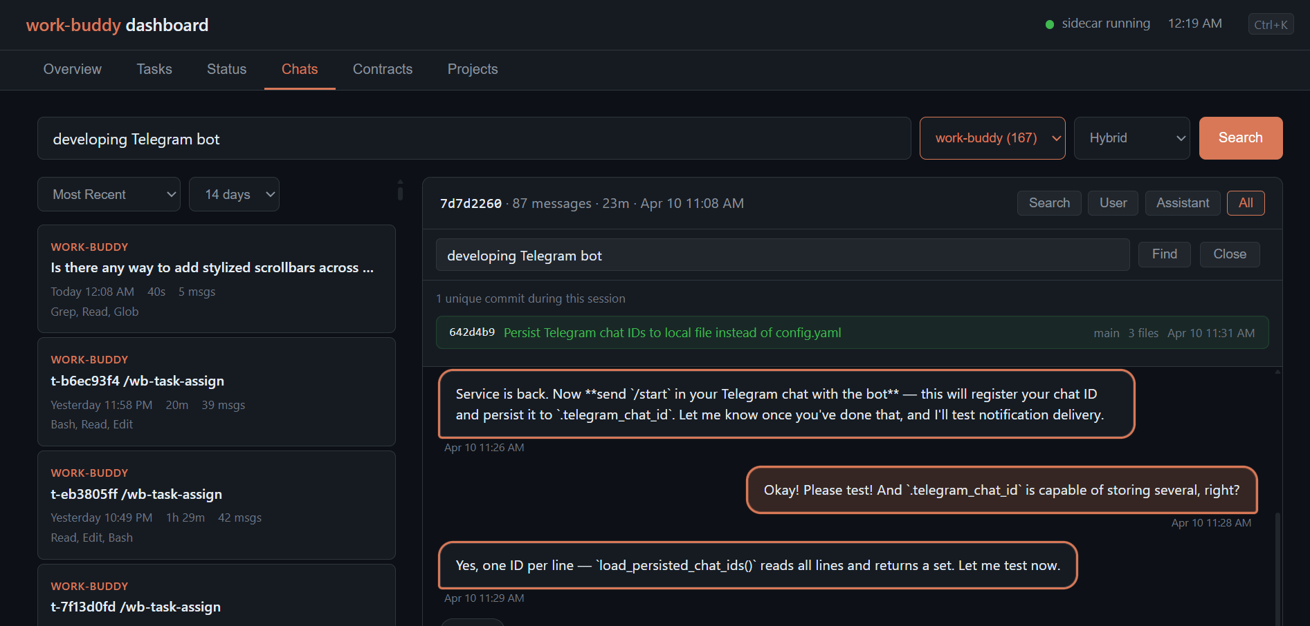 work-buddy dashboard — browsing agent session conversations