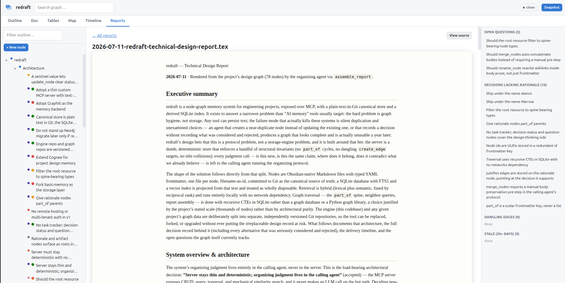 A LaTeX technical report generated from the graph, rendered in the Reports tab