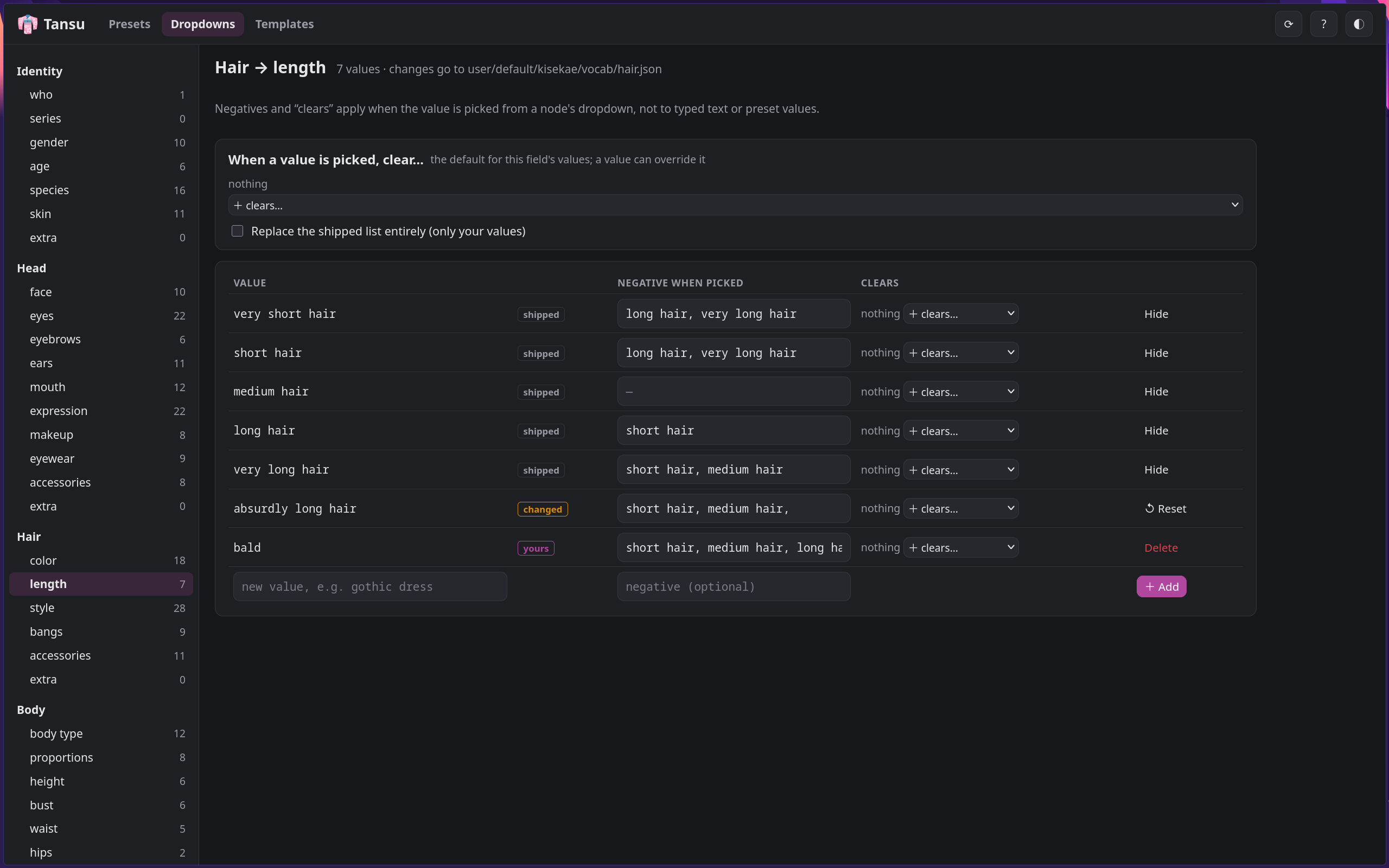 Tansu dropdowns page