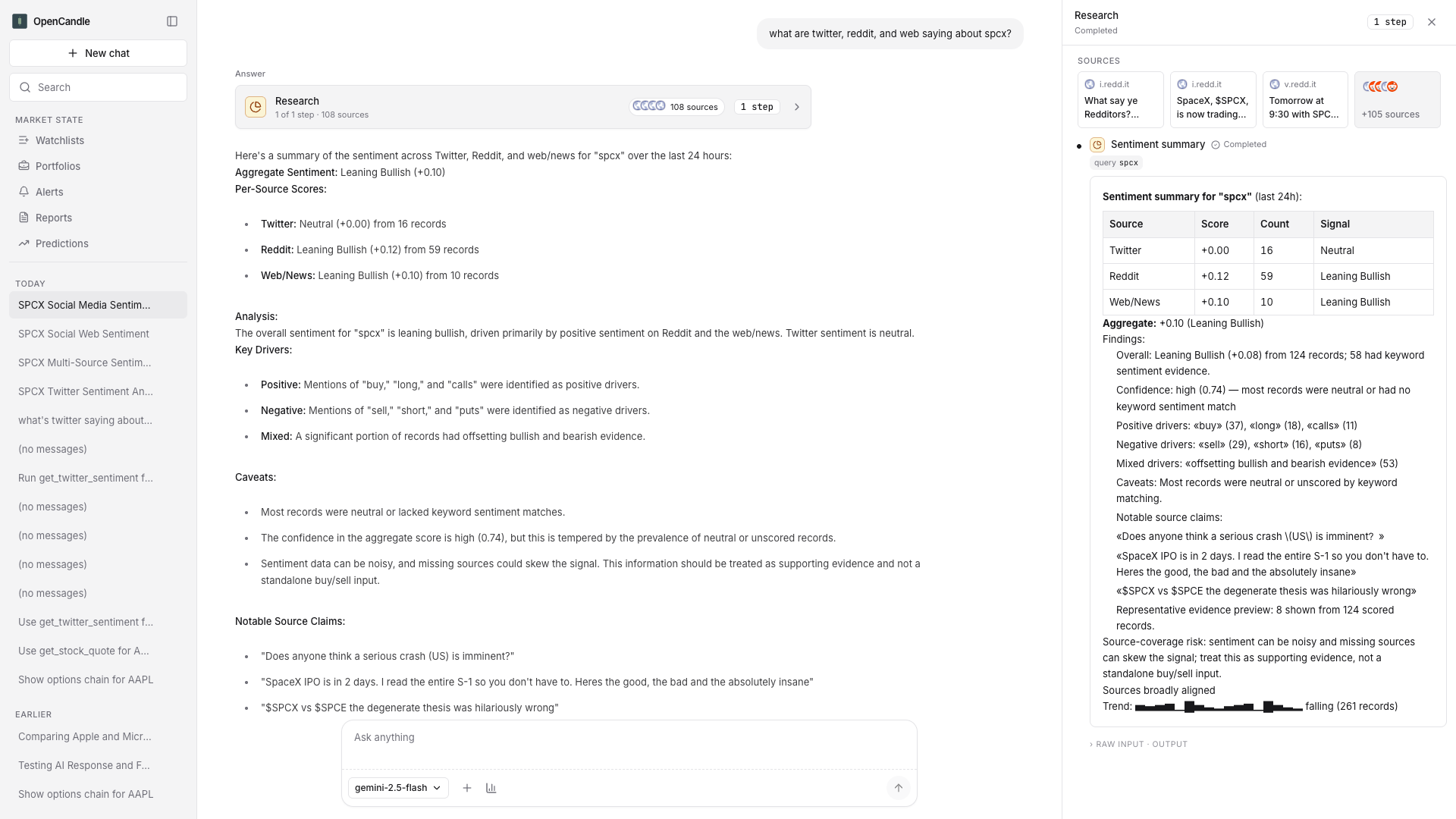 OpenCandle GUI showing a tool call