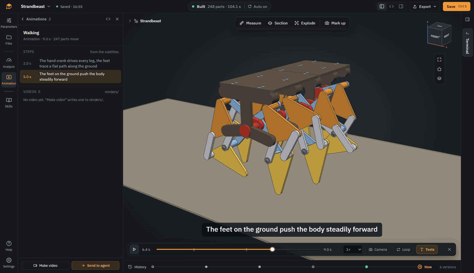 Animation of a Strandbeest with its steps and the playback bar