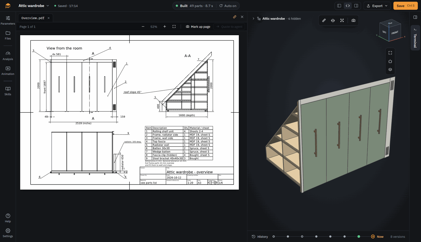 Technical drawing of a wardrobe next to the 3D model