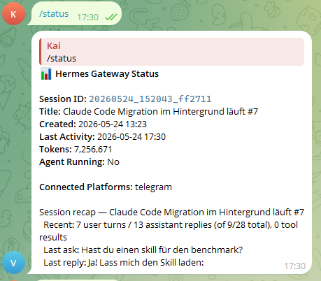 Hermes /status: 7,256,671 tokens, 4-hour session