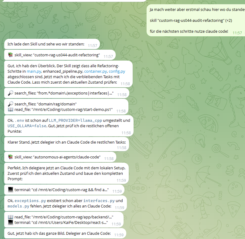 Telegram screenshot showing Hermes loading the claude-code skill and delegating work to Claude Code