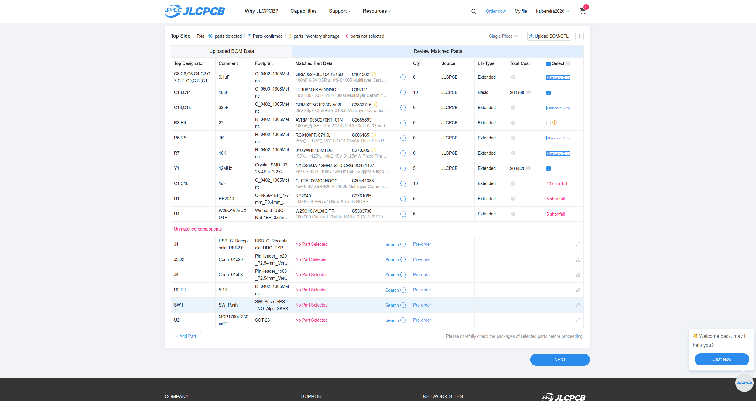 BOM page on JLCPCB