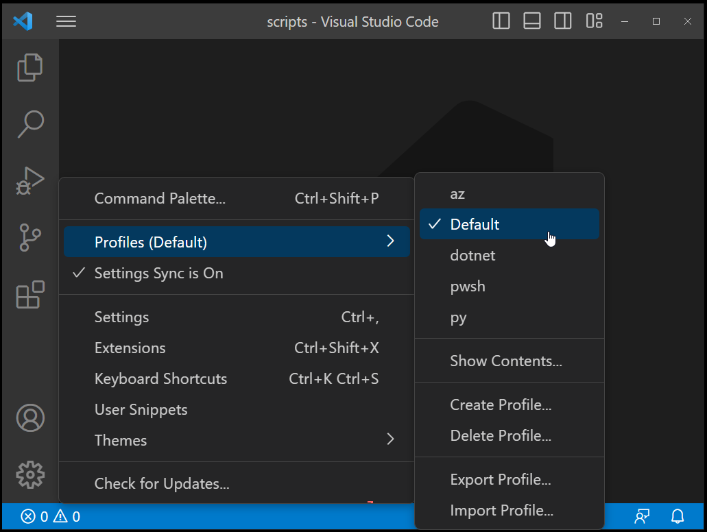 Visual Studio Code profiles that need to be created before running the sample script