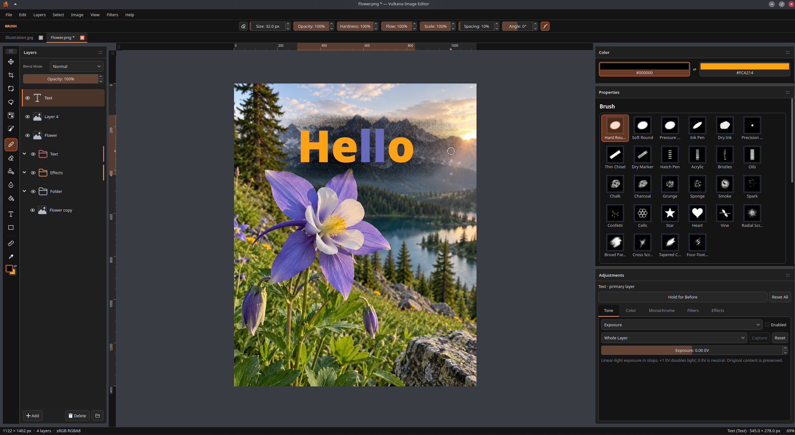Vulkana workspace with a layered image, brush presets and adjustments