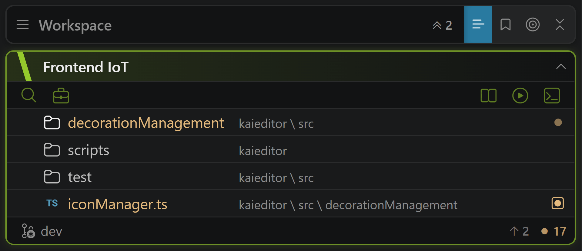 One project card: its name, the row of actions, its pinned files and folders, and the branch at the foot with what git has to move