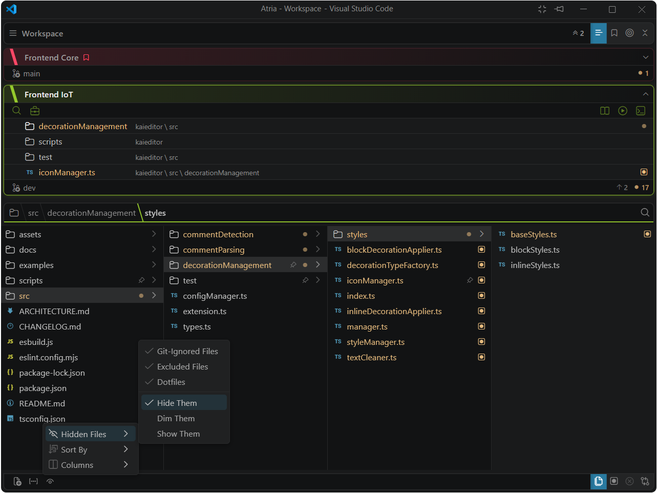 Navigator in a window of its own on a second screen, several columns wide, with the project cards above them