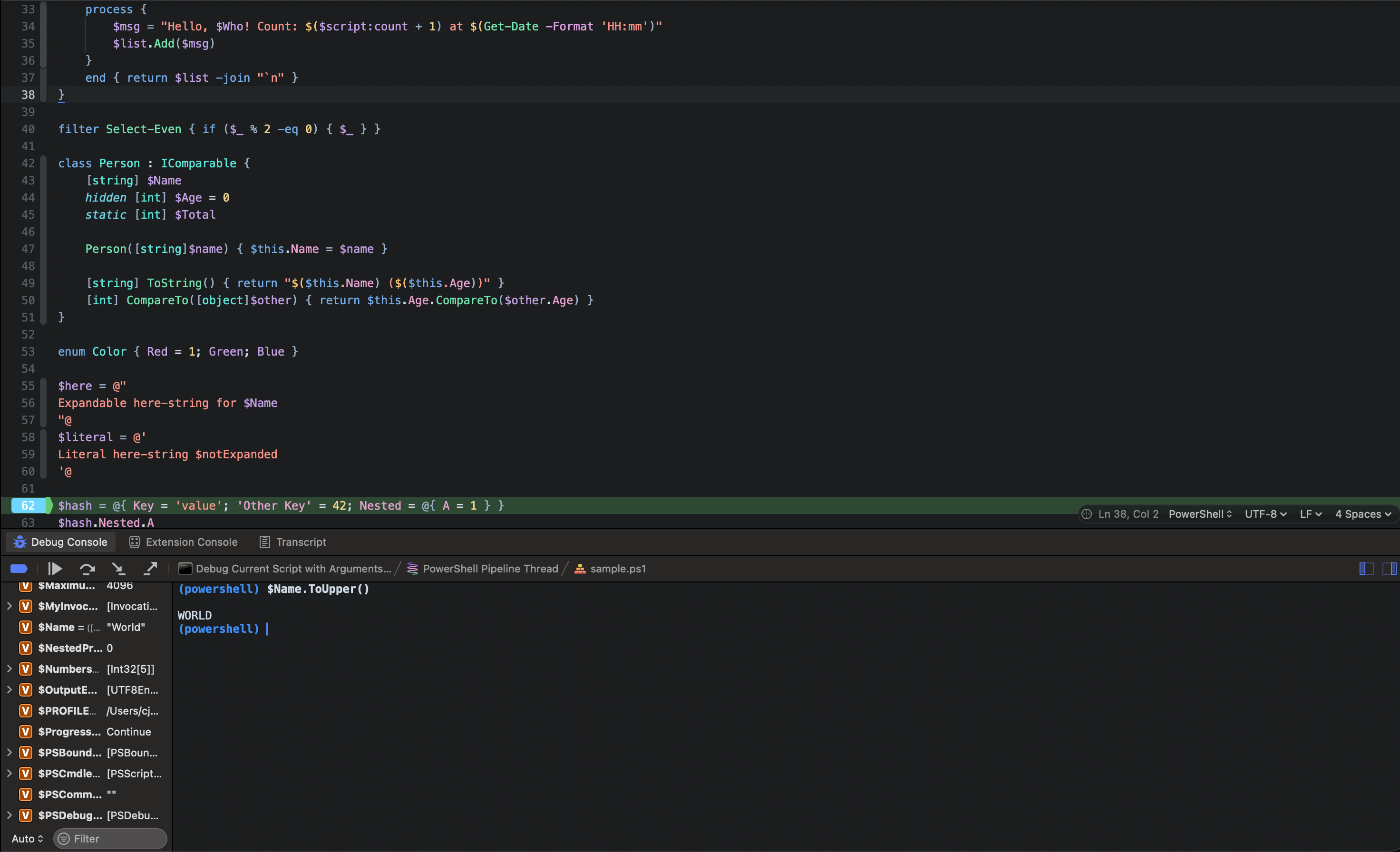Debugging a script stopped at a breakpoint