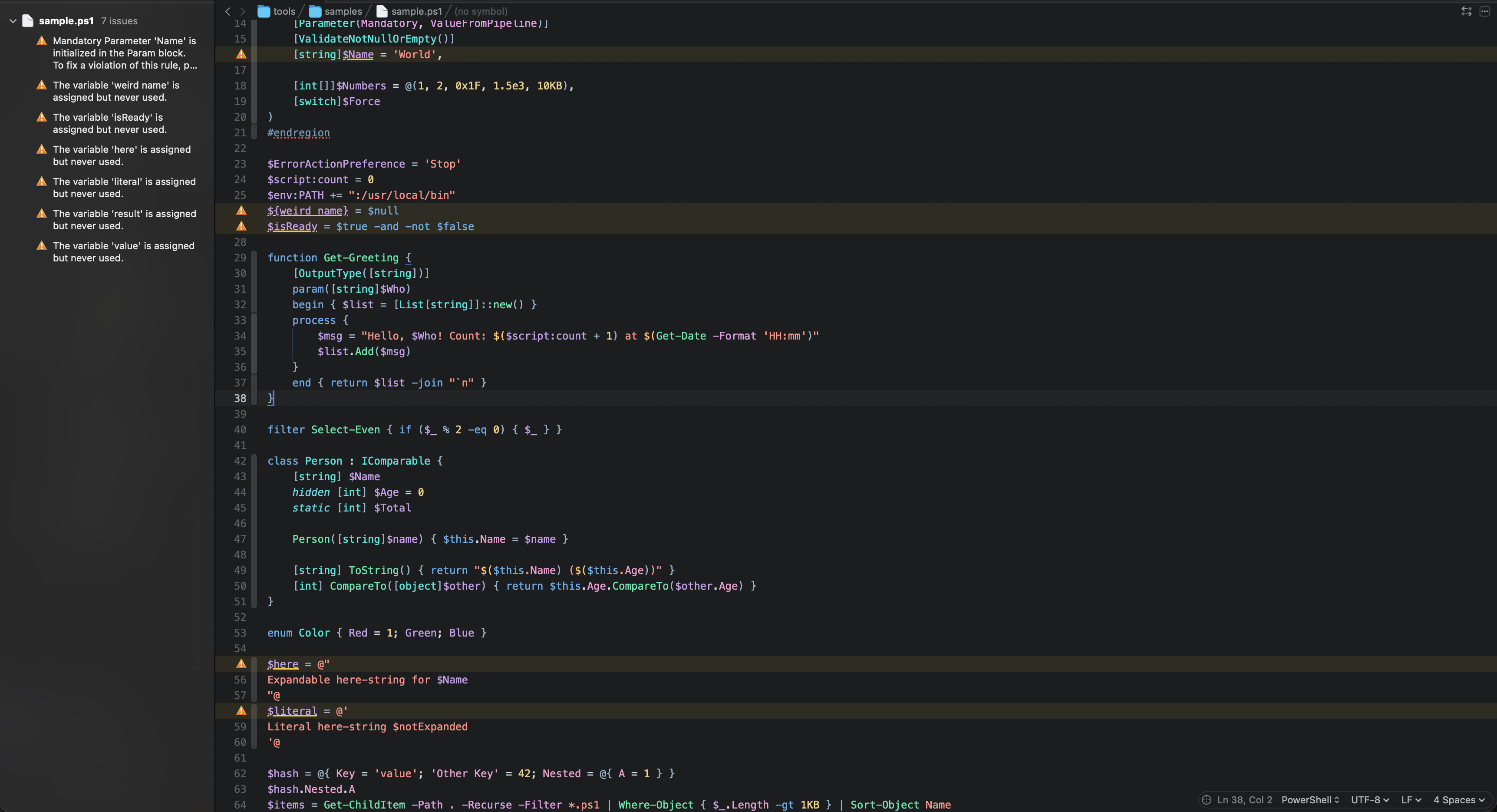 PSScriptAnalyzer warnings in the editor and Issues sidebar
