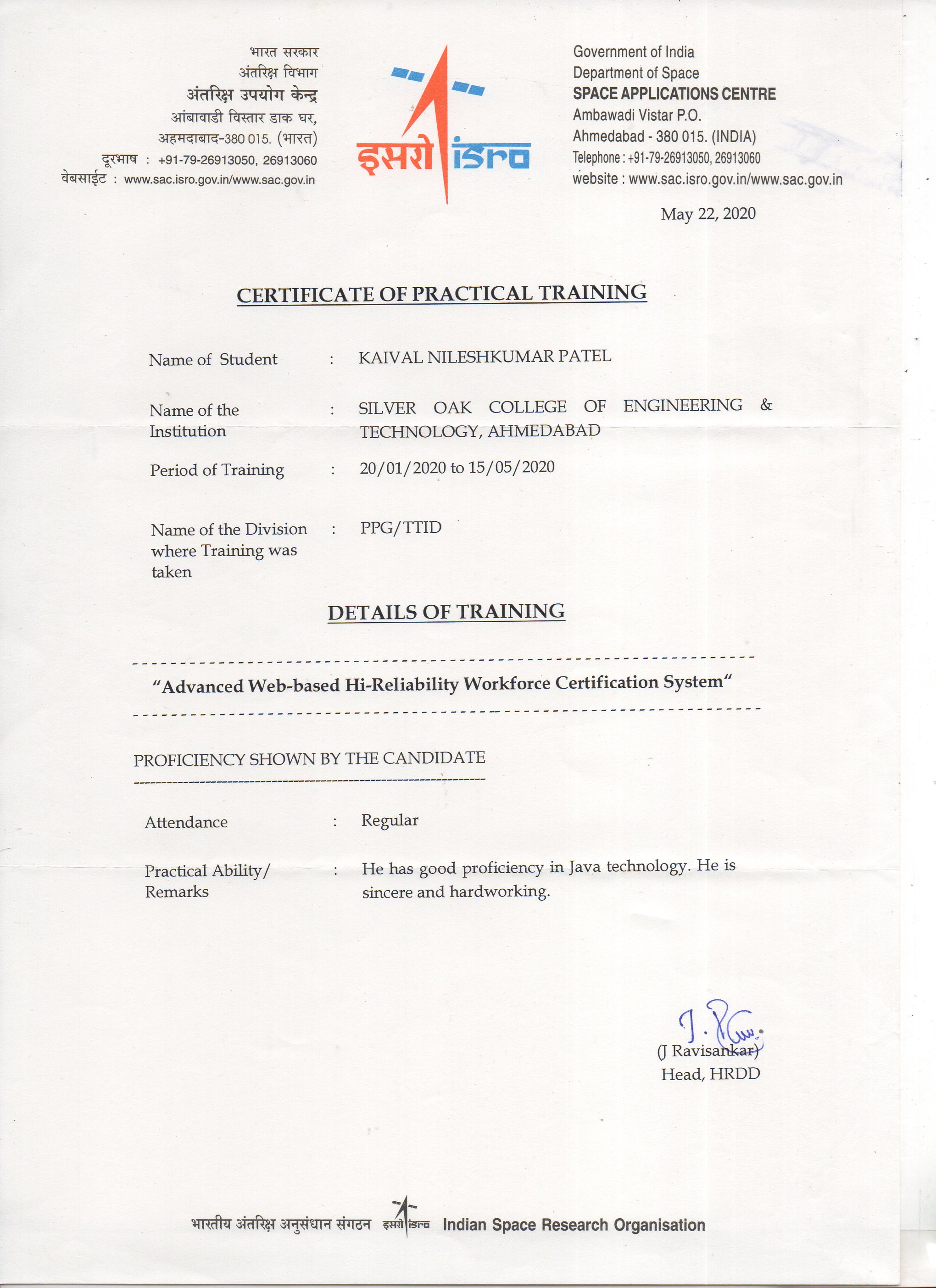 ISRO CERTIFICATE