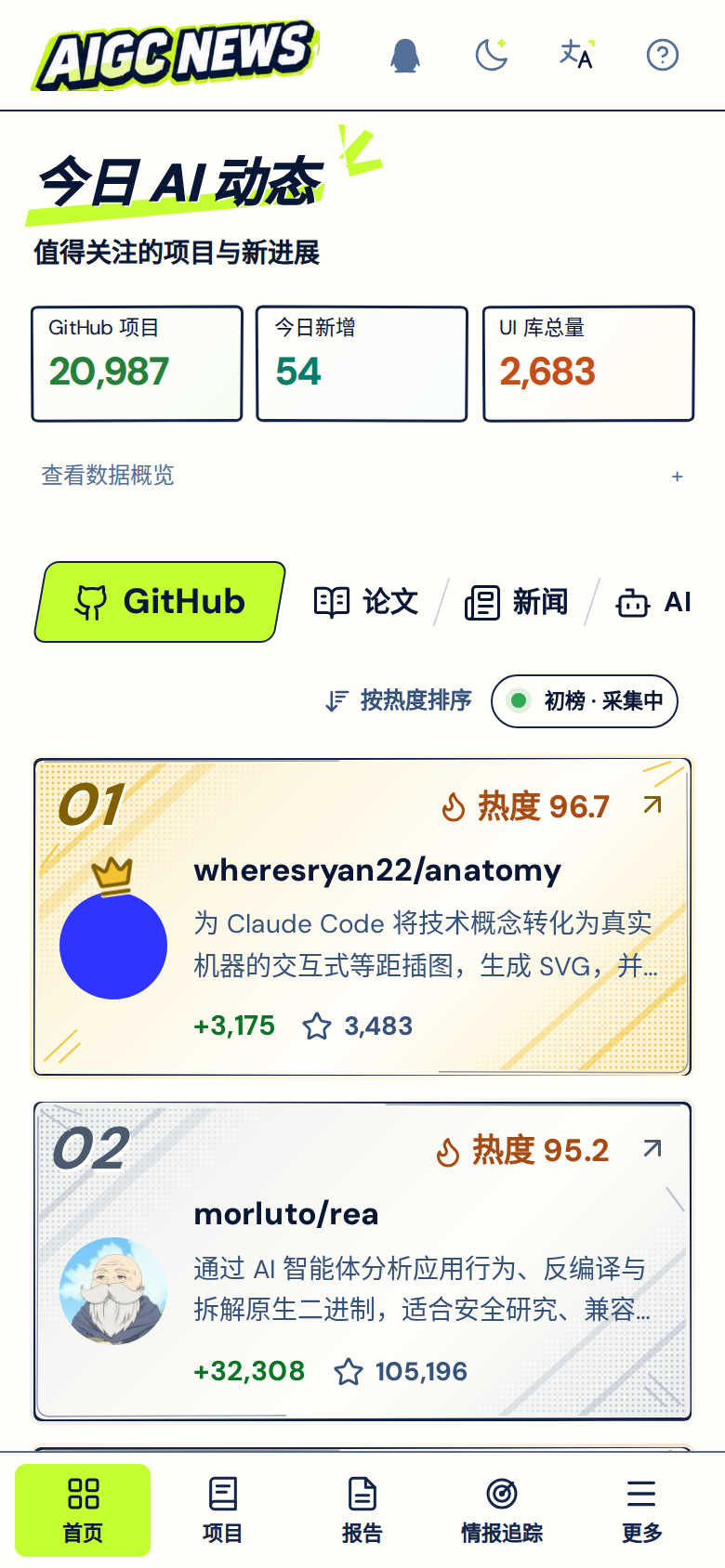 Mobile homepage with statistics, horizontally scrollable source tabs, ranking cards, and bottom navigation