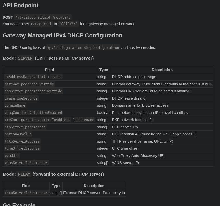 API endpoint details and DHCP configuration schema