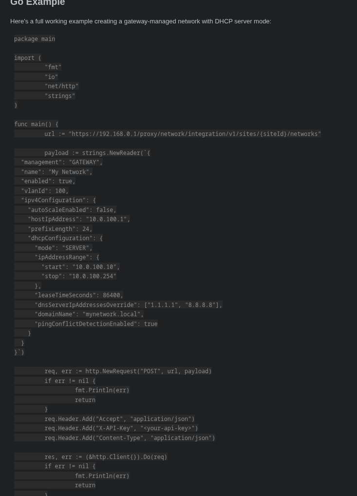 Go code example for creating a network