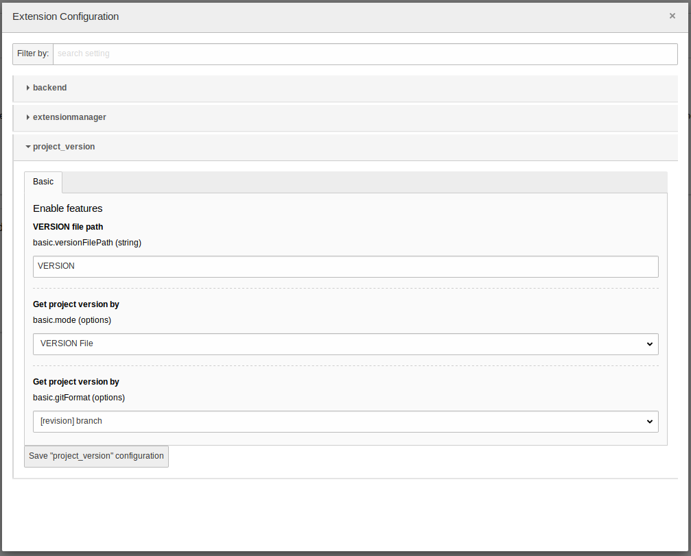 new default extension configuration screen