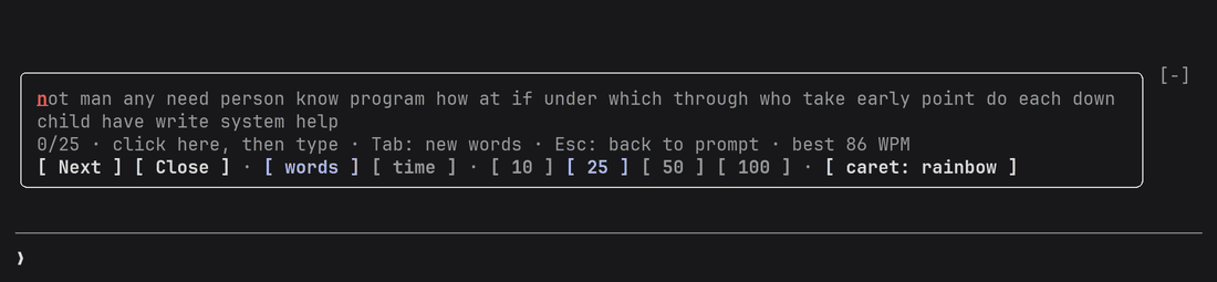 A scripted run of /monkey: 25 words typed, then a new-record banner