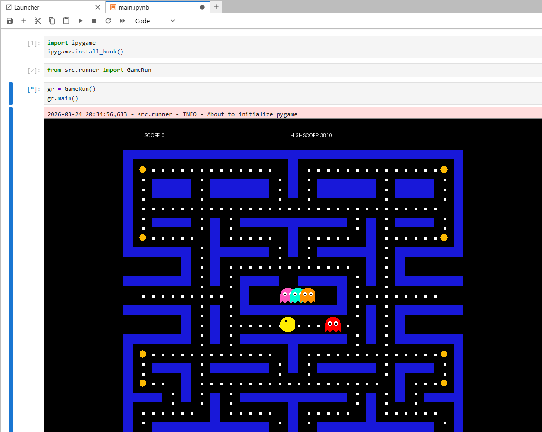 PacMan running with ipgame. Credit: https://github.com/AnandSrikumar/PyPacman
