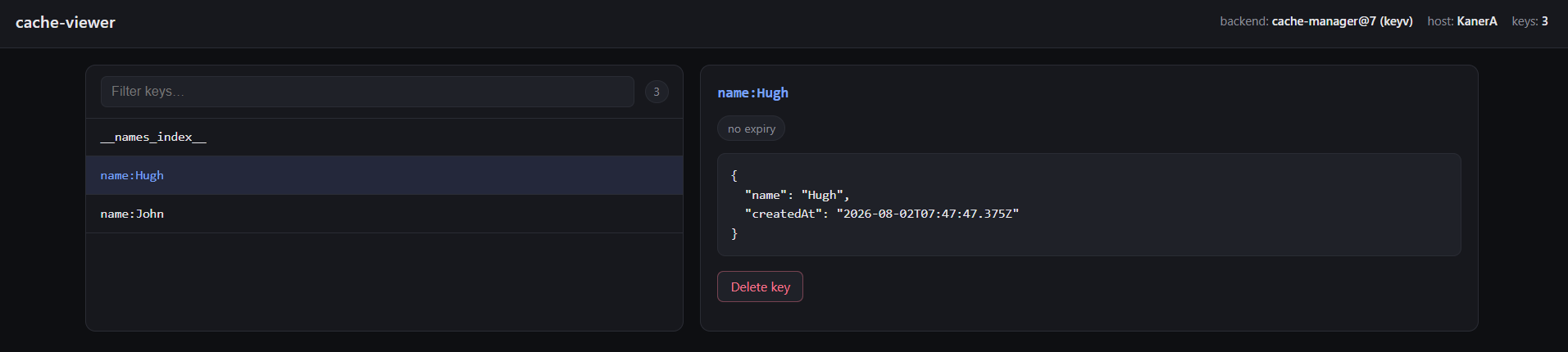 Searchable key list beside a value inspector showing a pretty-printed JSON entry, its TTL badge, and a delete button