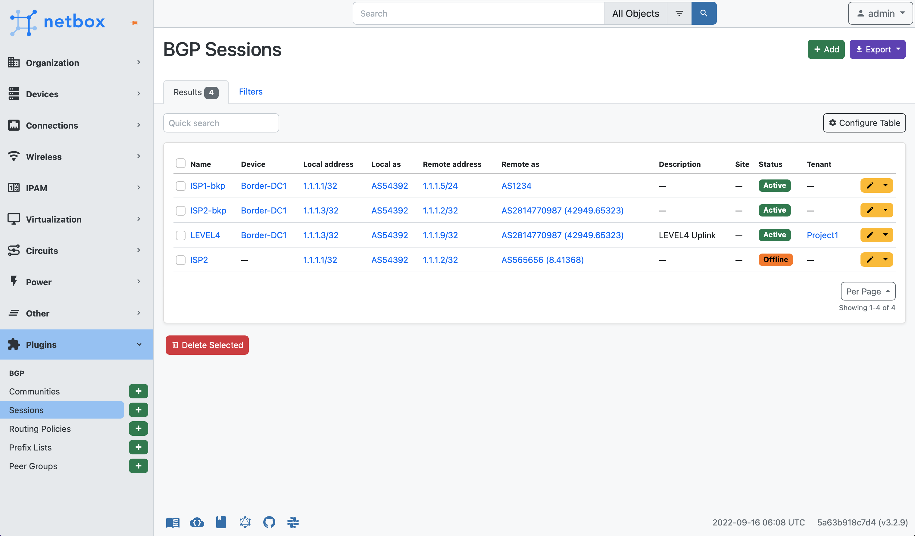 BGP Session Table