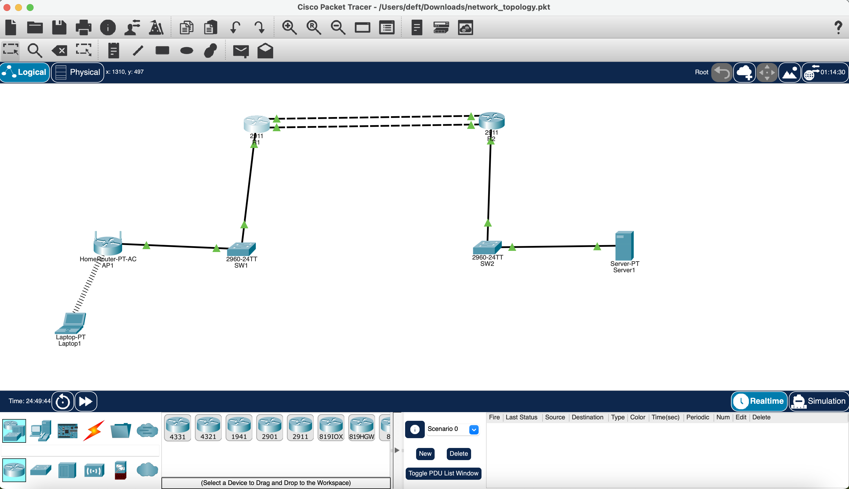 Full Packet Tracer topology: Laptop1, AP1, SW1, R1, dual links, R2, SW2, Server1