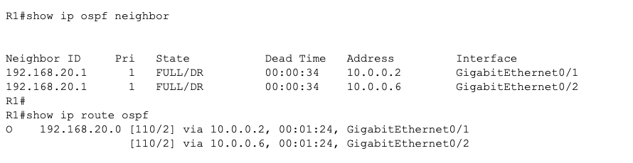OSPF neighbor table showing two FULL adjacencies and a route table with two equal-cost paths