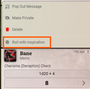 Chat context menu with the Roll with inspiration option