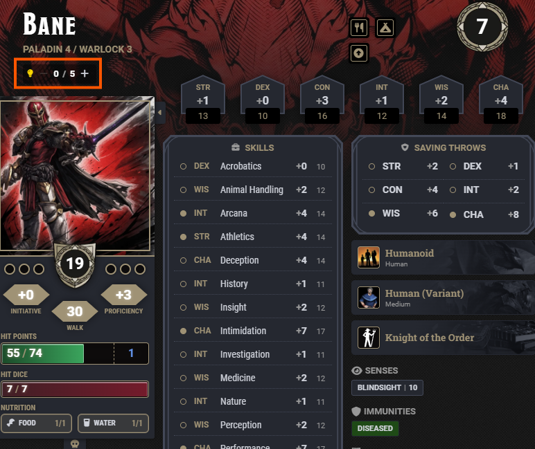 Inspiration counter on the character sheet