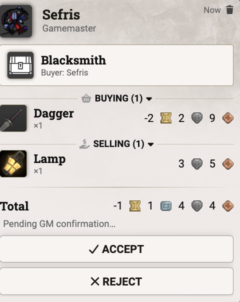 Chat card requesting GM confirmation for a purchase