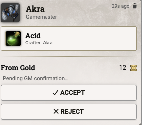 Chat card requesting GM confirmation to start a craft