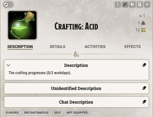 In-progress crafted item showing workday progress in its description