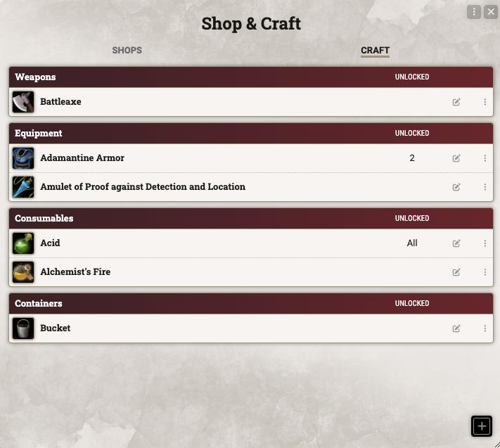 Craft tab listing recipes grouped by item type