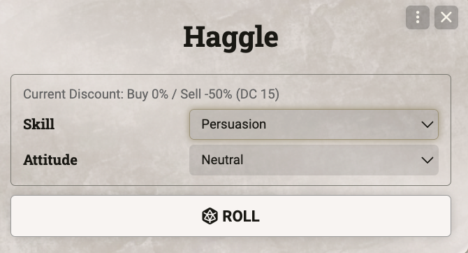 Haggle dialog with a skill and NPC attitude selection