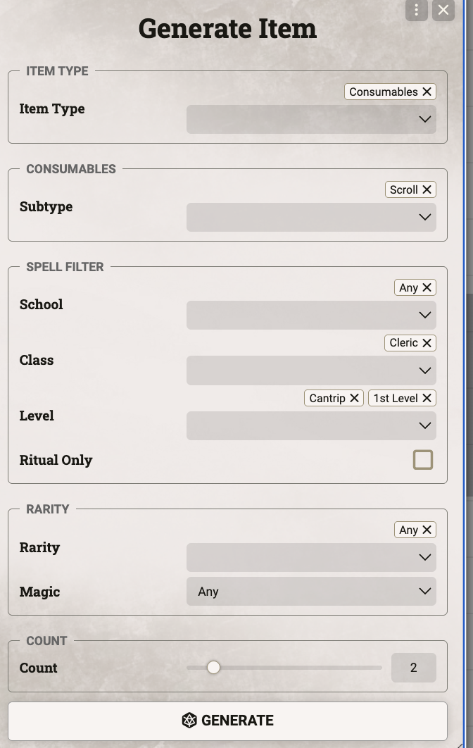 Generate Item dialog with type, subtype, spell, rarity, and count filters