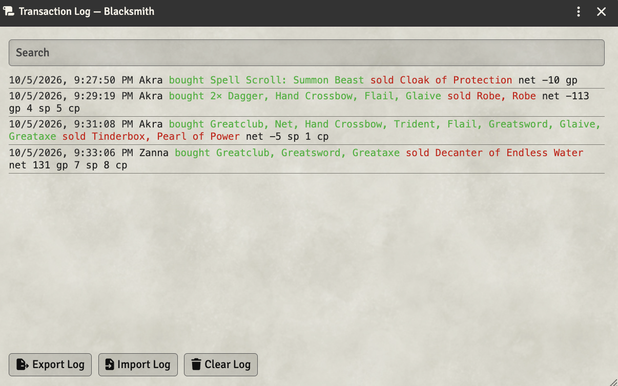 Transaction Log of the Blacksmith shop listing purchases and sales with export, import, and clear buttons
