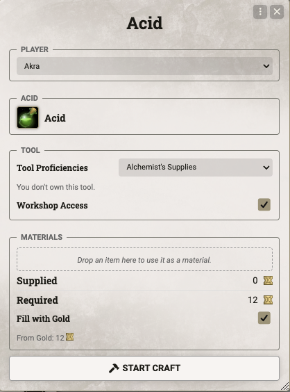 Start Craft dialog with material selection and a fill-with-gold option