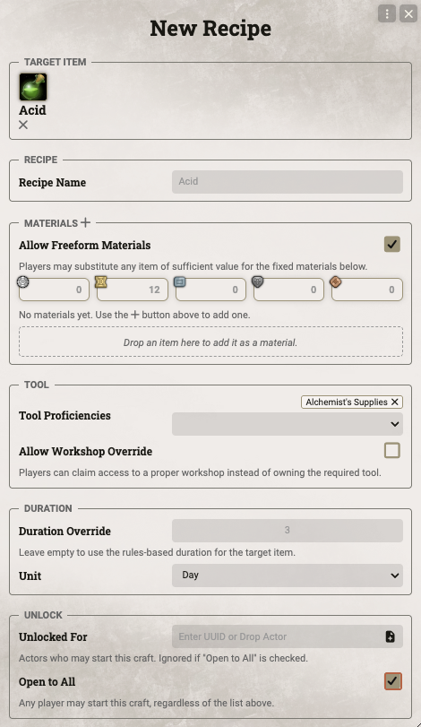Recipe editor defining a target item, materials, tool, duration, and unlock rules