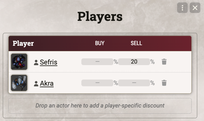 Per-player buy and sell discount overrides