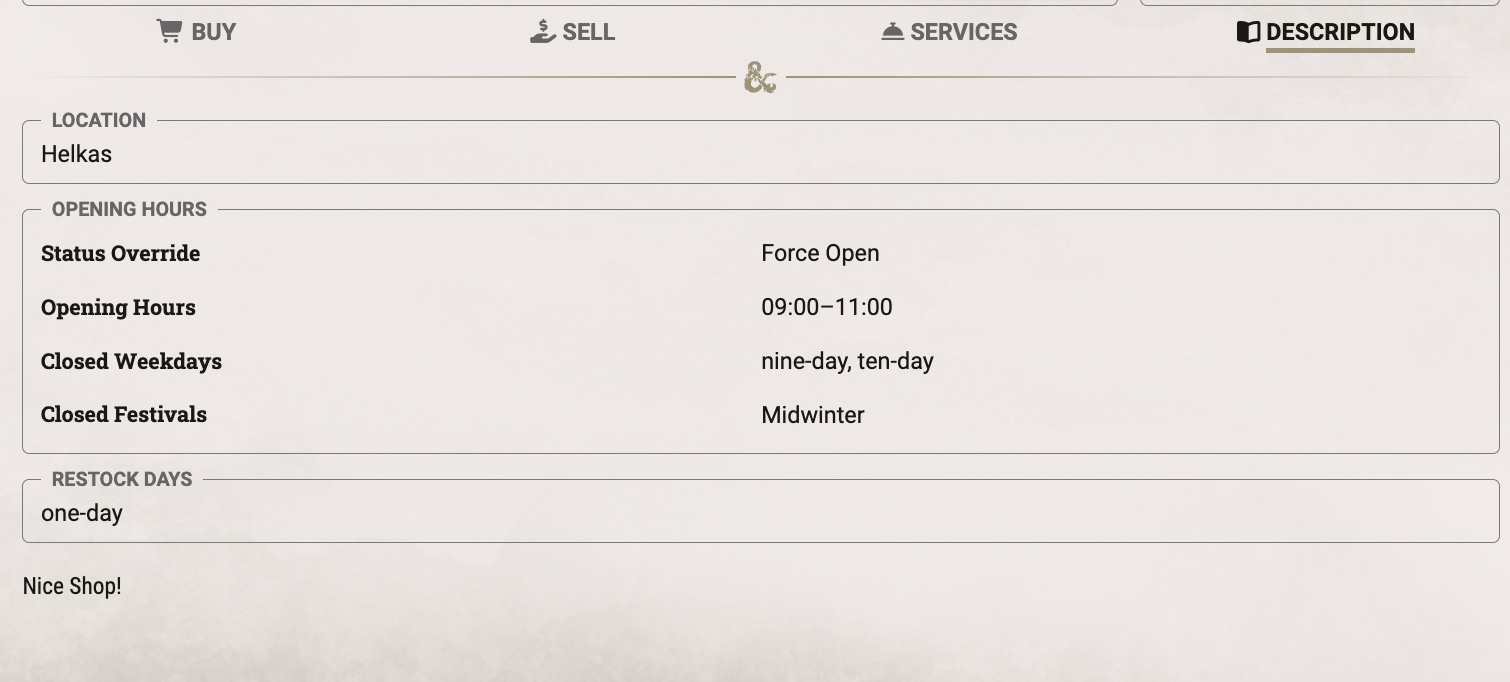 Description tab with location, opening hours, closed days, and restock days